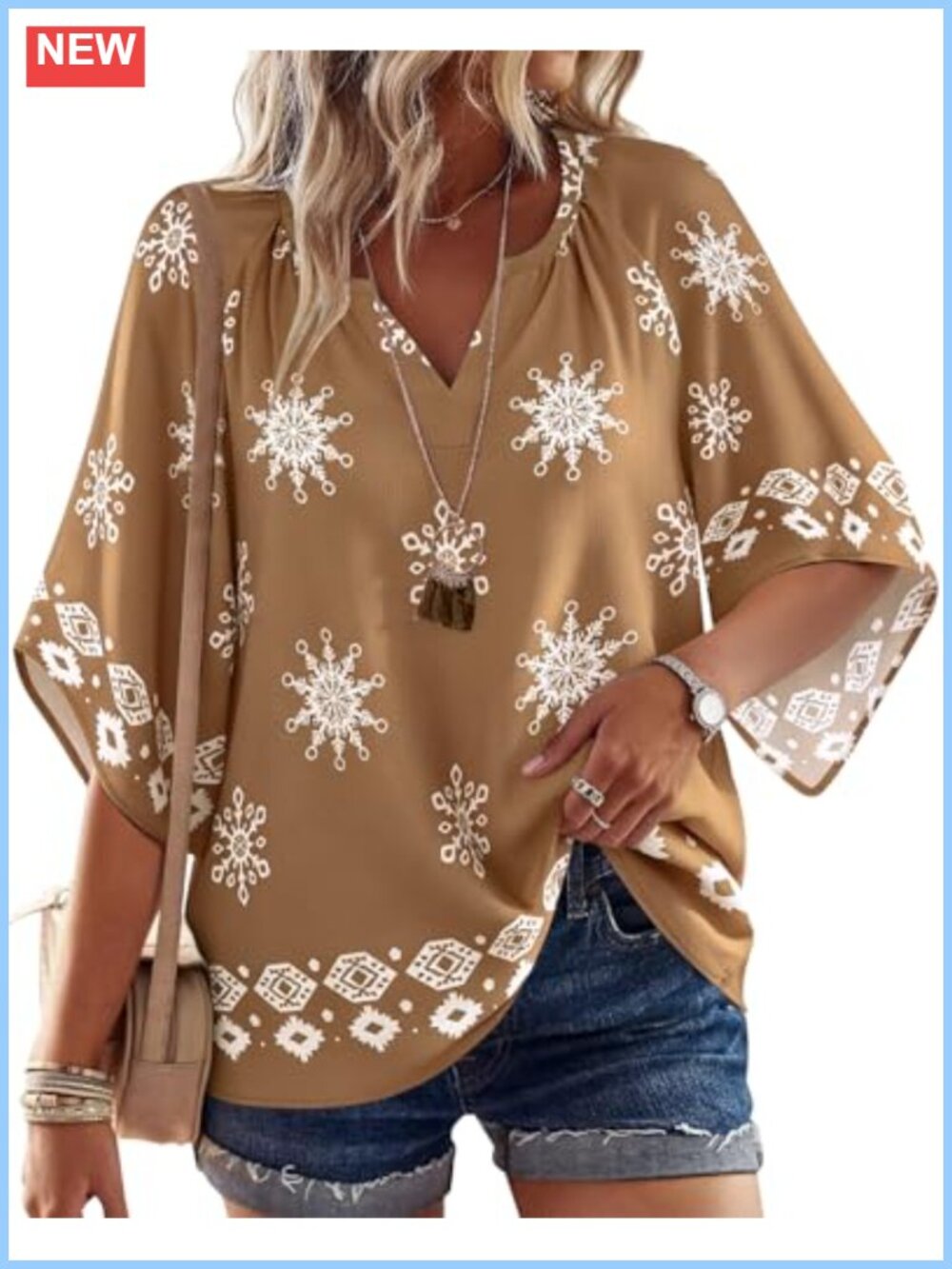 Womens Boho 3/4 Sleeve V Neck Peasant Blouse Loose Fit Tunic Top
